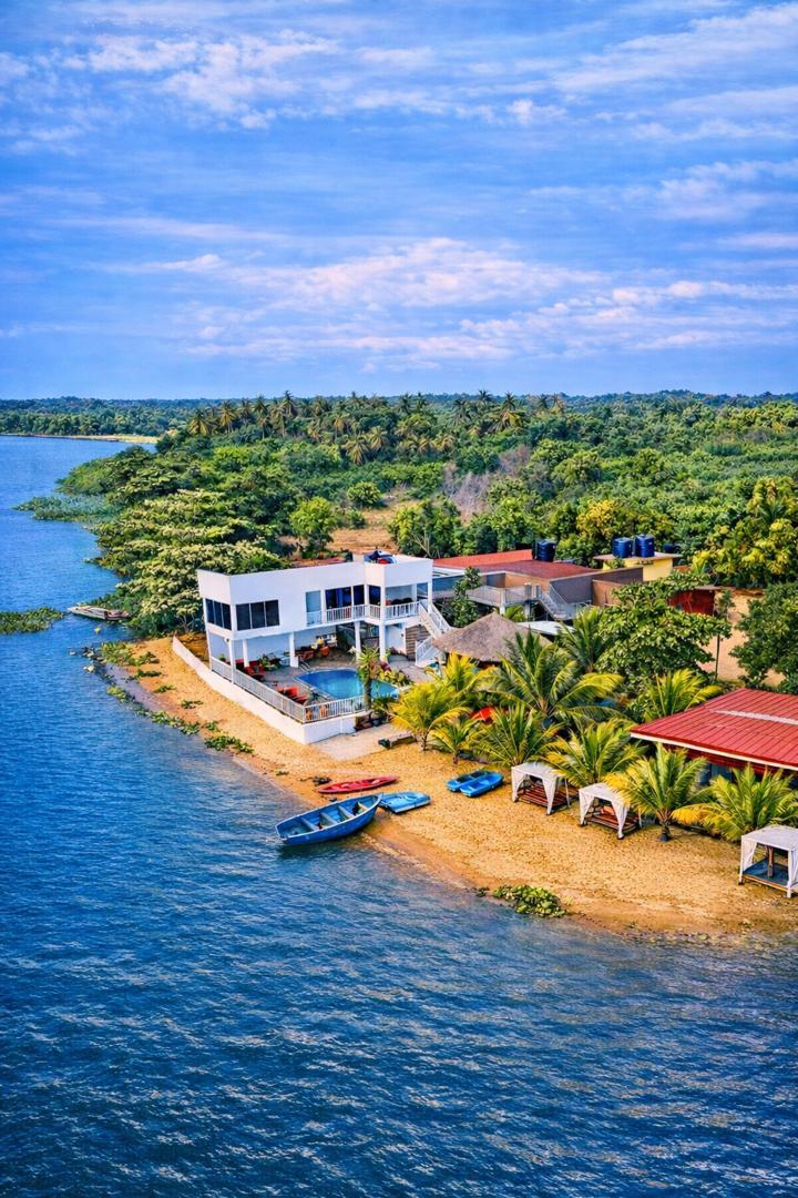 Aerial view of Ad Virgin Island Resort on the Volta estuary in Ada, Ghana